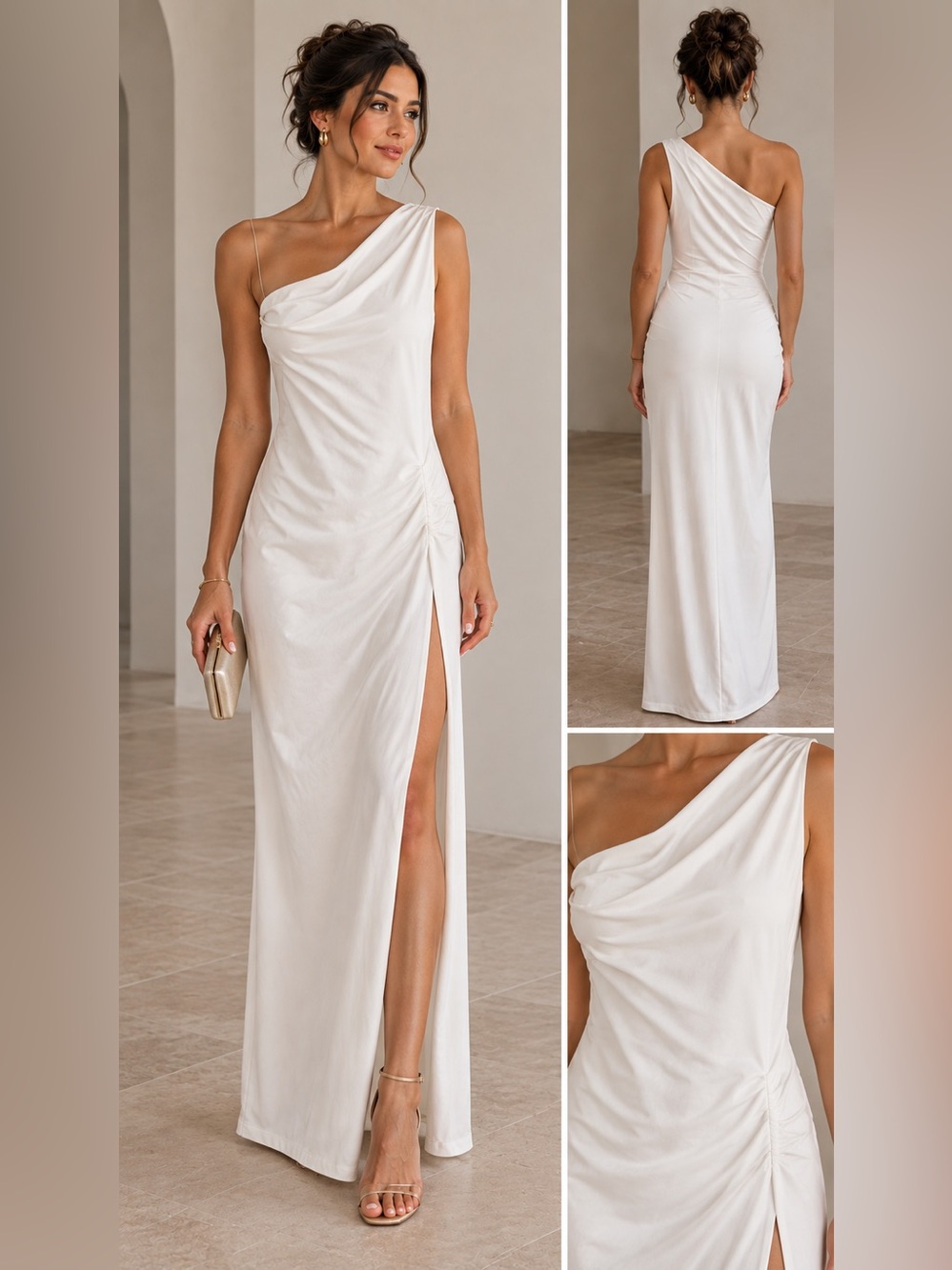 Victor Glemaud Women L One Shoulder Maxi Dress Ruched Slit Formal Wedding Gown
